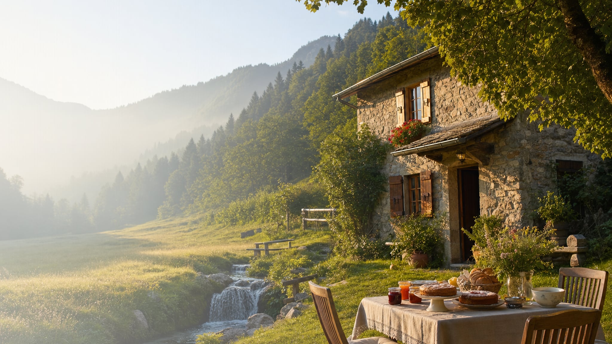 Una casa in pietra accanto a un torrente di montagna alle prime luci